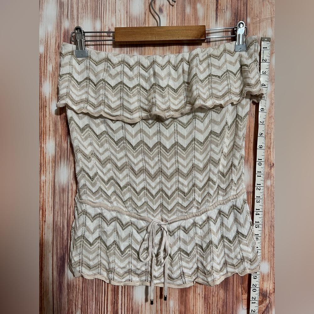 White House Black Market Strapless Chevron Knit Top Gold Cream White Small
